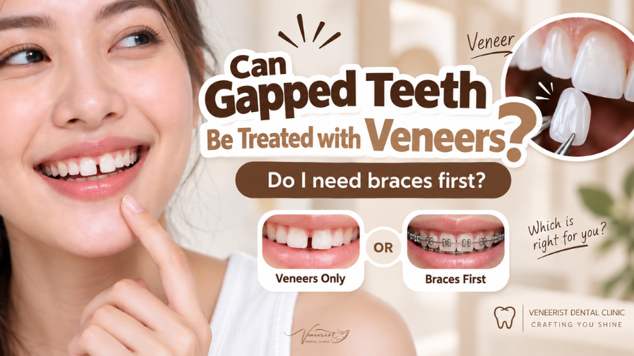 Ceramic veneers for gapped teeth and closing spaces between front teeth