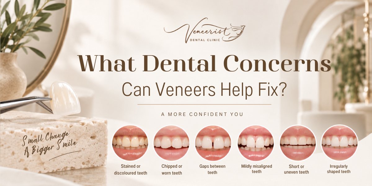 Dental problems Ceramic Veneers can improve including discoloration, chipped teeth, gaps and uneven tooth shape