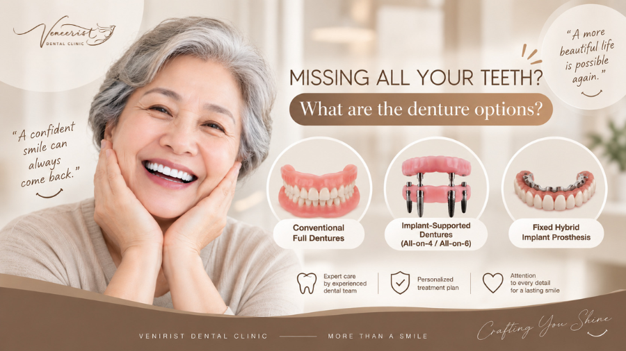 Seven full-mouth tooth replacement options including dental implants, All-on-4, All-on-6, implant-supported overdentures and complete dentures