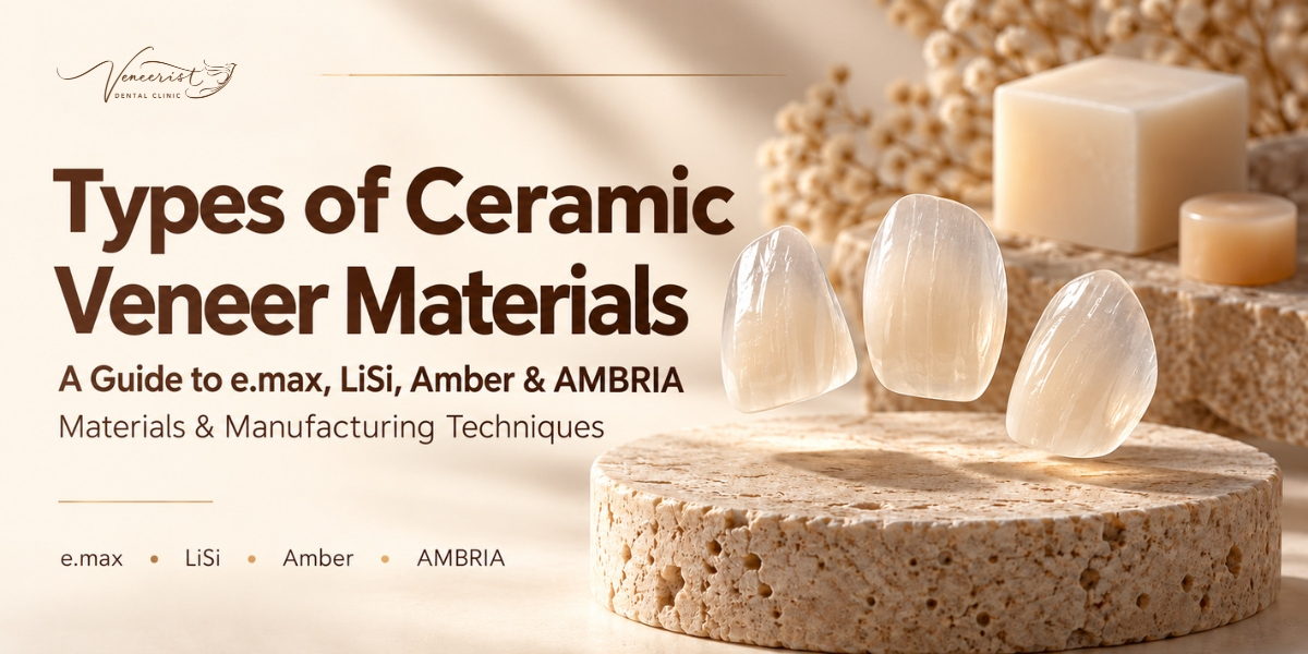 HOME - English 61 Different ceramic veneer materials including IPS e.max, LiSi, Amber, and VITA AMBRIA used in aesthetic dental restorations.